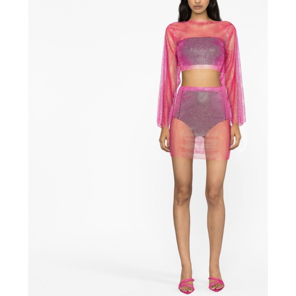 Santa Brands Hot Pink Rhinestone Crystal Mesh Mini Skirt - Picture 2 of 11